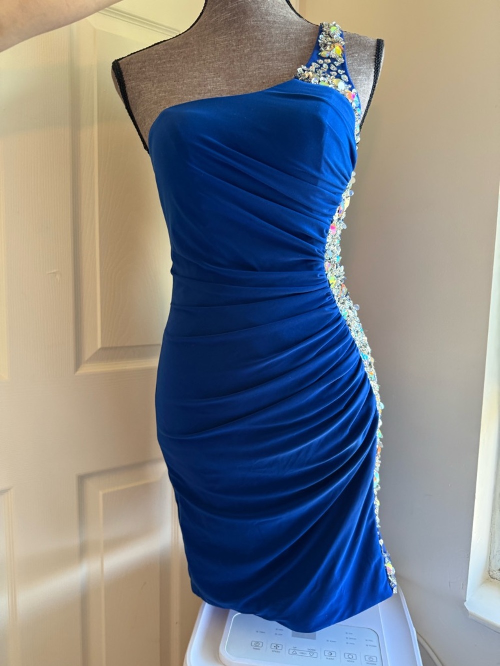 Hannah One-Shoulder Royal Blue Ruched Cocktail Dress with Beaded Trim